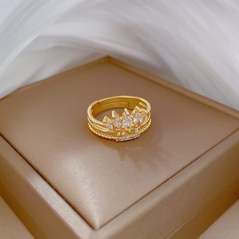 【 True Gold 】love Crown Full Diamond Ring Adjustable Opening Simple Jewelry Japanese-style ring couple rings Specification drawing