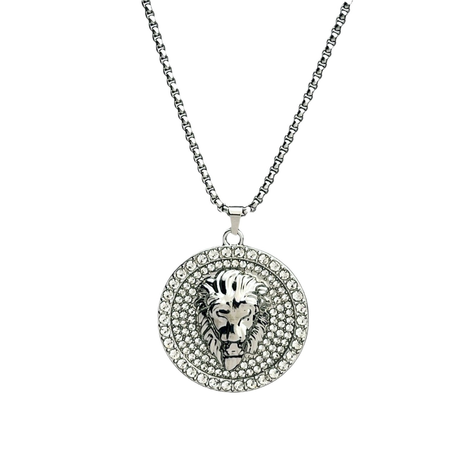 The 2024 best-selling fashion hip-hop personality lion head necklace with full diamonds and a round diamond alloy pendant in Europe and America Item Picture