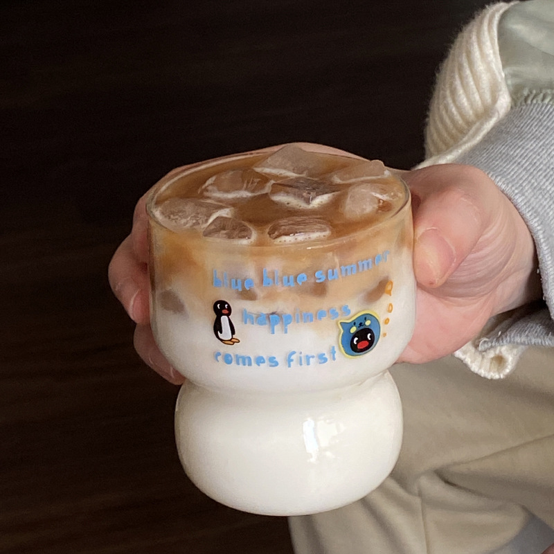 Homemade summer cute penguin Queer glass cup, niche Instagram simple tall borosilicate water cup, heat-resistant details Picture