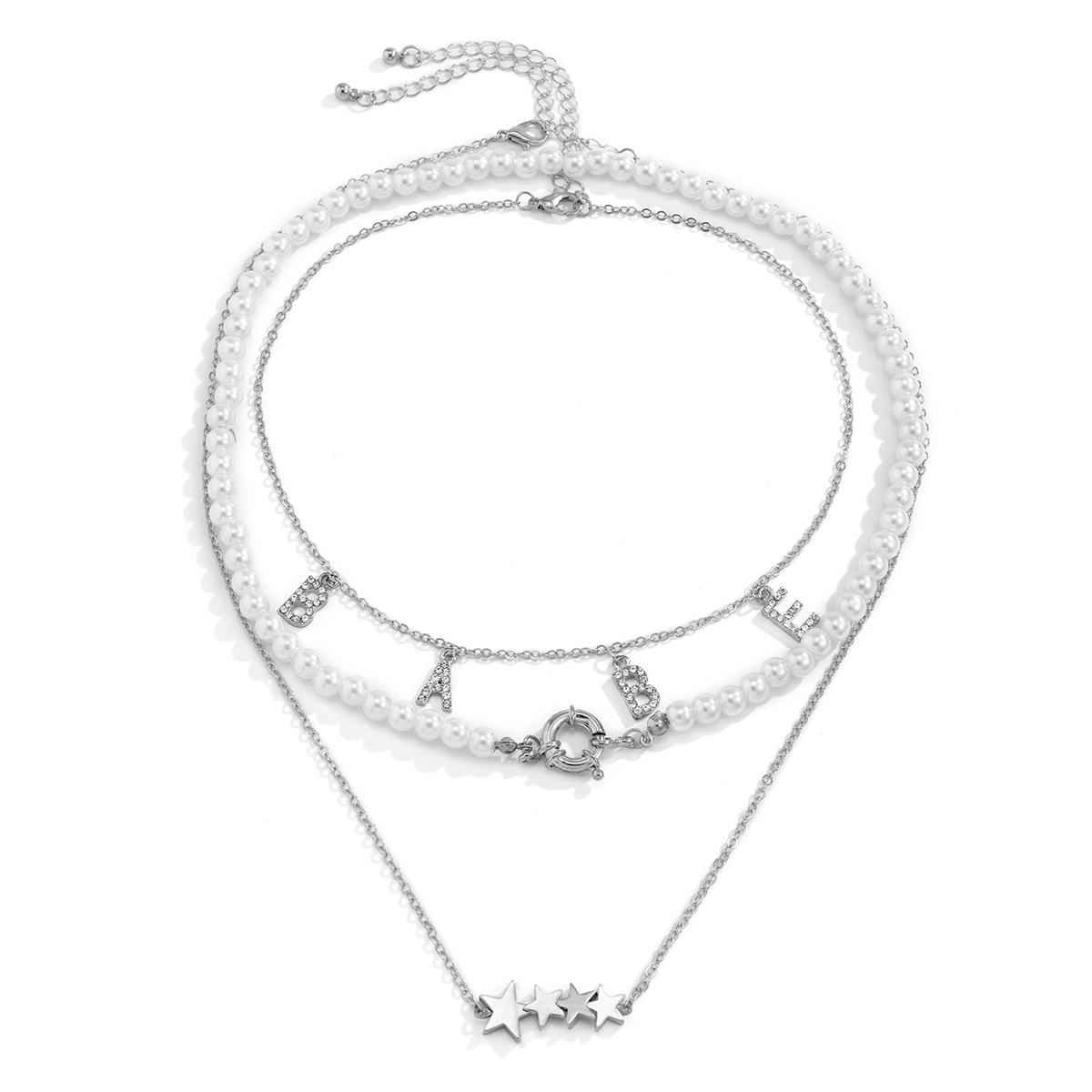 European and American cross-border jewelry, retro mixed and matched imitation pearl chain necklace, studded with water diamonds, star-shaped letters, stacked necklaces for women Application Scenario