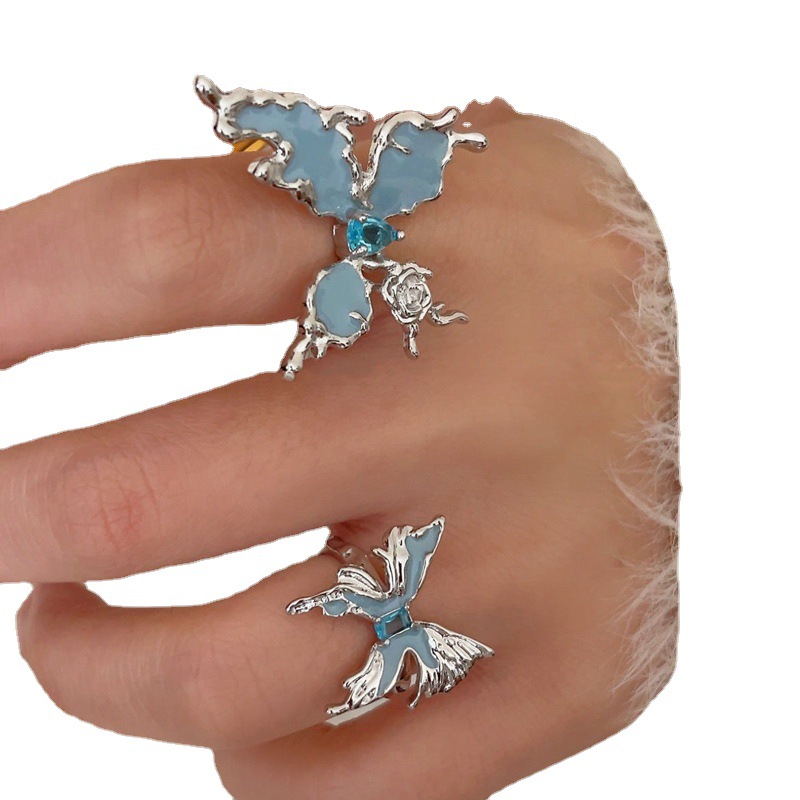 A new Korean version of a blue butterfly-shaped opening ring with resin enamel, a cold and luxurious fashion ring for women on Instagram Item Picture