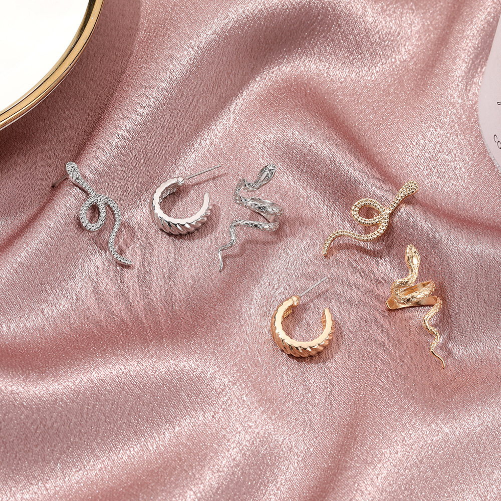 European and American cross-border ins style retro snake ear studs, ear bone clips, ear clips set, women's fashionable and simple earrings three-piece set details Picture