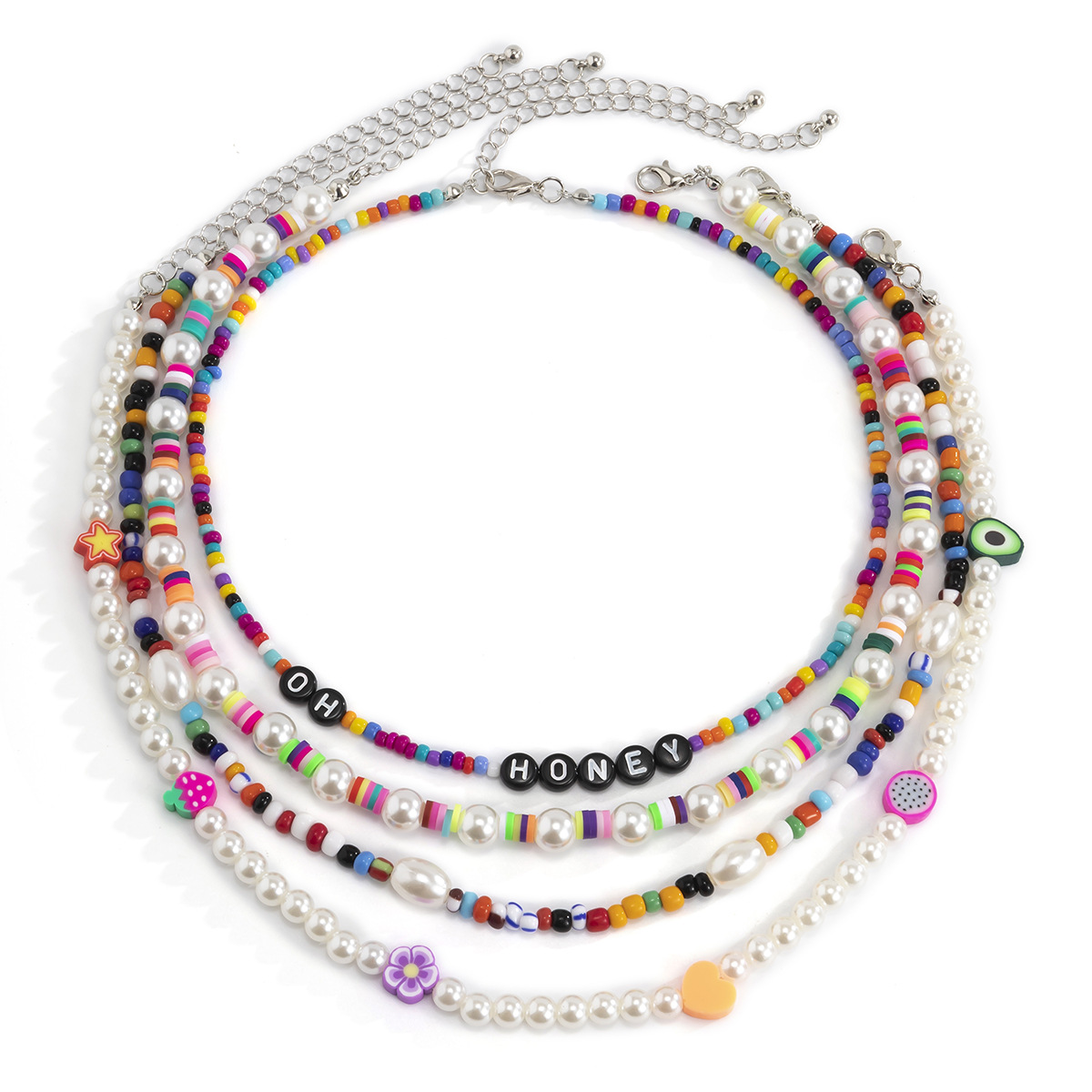 European and American cross-border jewelry, Bohemian mixed-color beaded soft clay necklace, retro imitation pearl heart-shaped letter necklace Item Picture