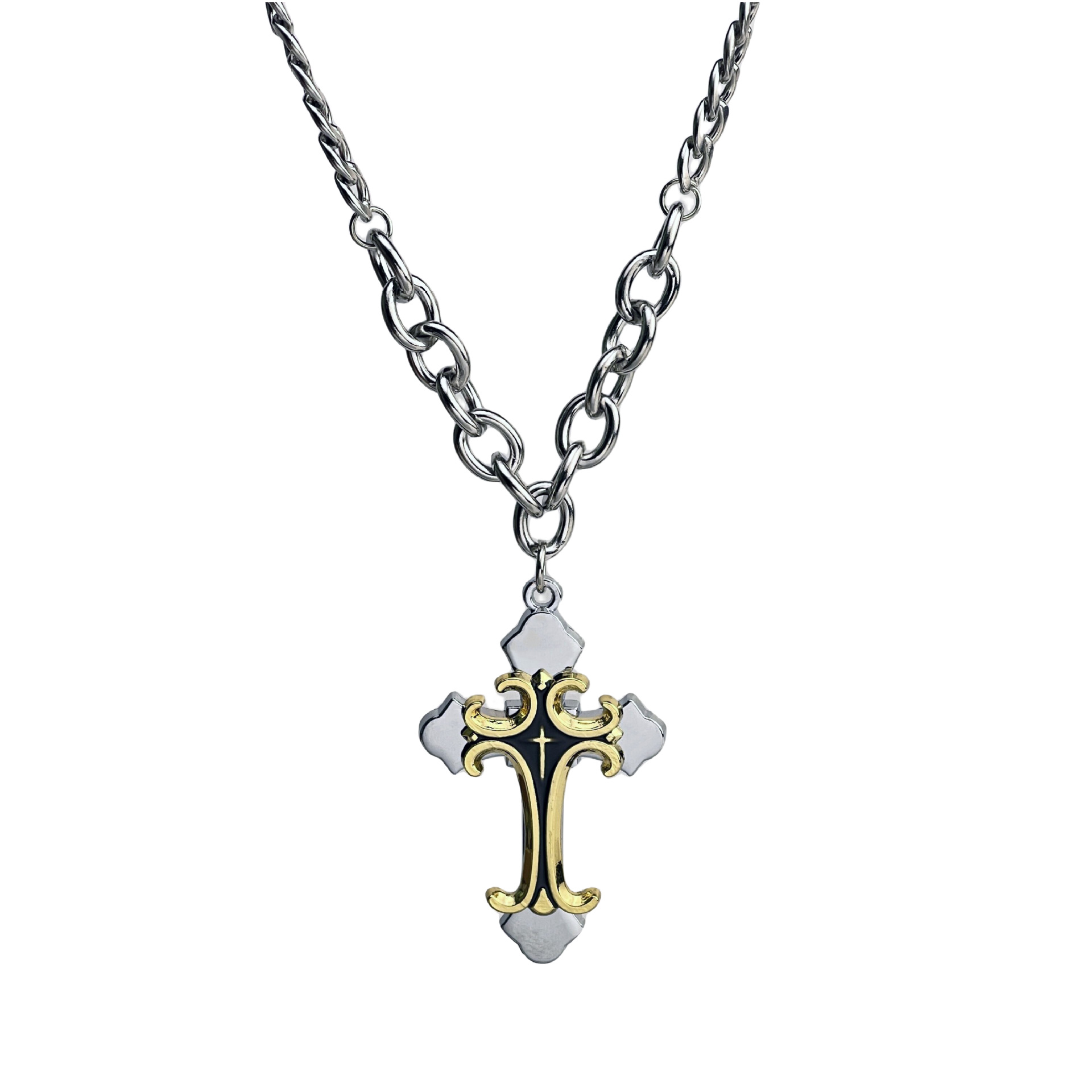 New European and American colorful multi-layer cross stainless steel necklace, street style hip-hop alloy pendant sweater chain Item Picture