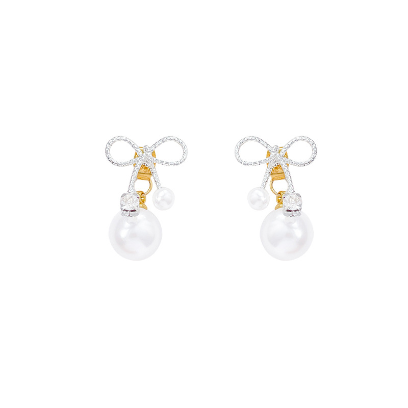 Super fairy bow pearl Zircon stud earrings for women, light luxury and high-end exquisite earrings, 2025 new style of internet-famous earrings Item Picture
