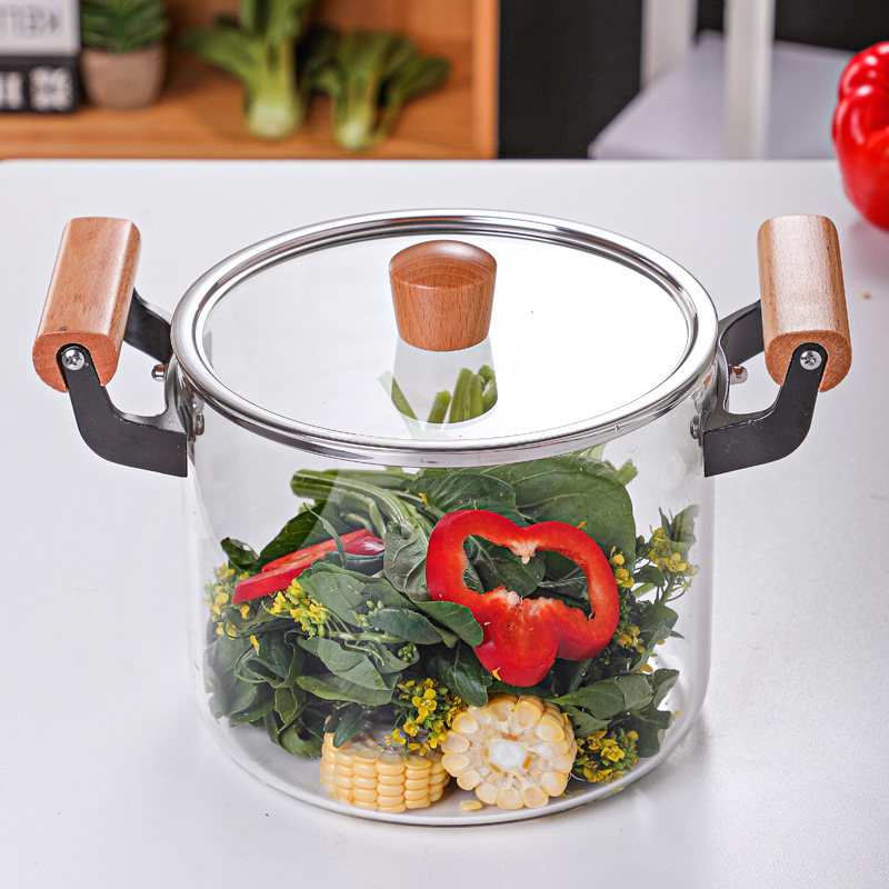 Wholesale high borosilicate double-ear glass pot, high-temperature resistant transparent pot lid, wooden handle, soup stewing pot, steaming pot, can be heated by open flame details Picture