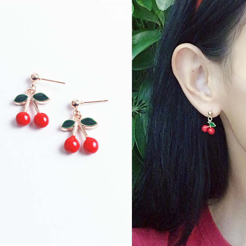Cute cherry stud earrings, Korean ins women's earrings, pendants and earrings, fresh and unique accessories, no ear holes, fruit ear clips full figure