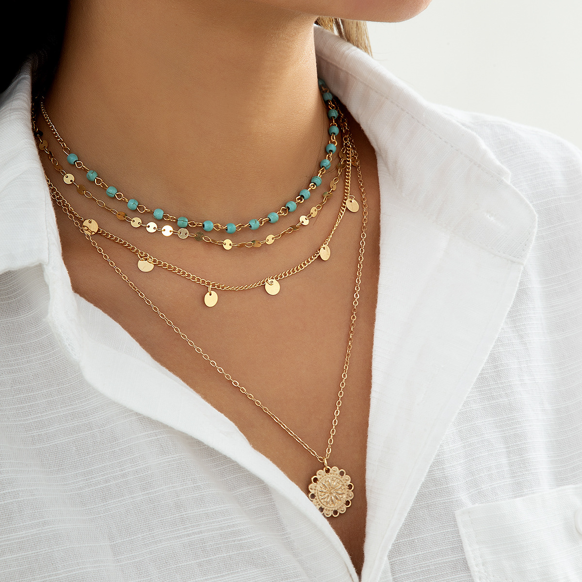 European and American cross-border simple fine chain turquoise beaded flower plate pendant necklace, women's retro style tassel sequin necklace Specification drawing