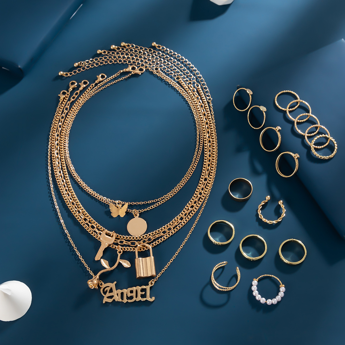 European and American cross-border jewelry layering, cold style butterfly necklace set, niche metal chain angel letter necklace Specification drawing