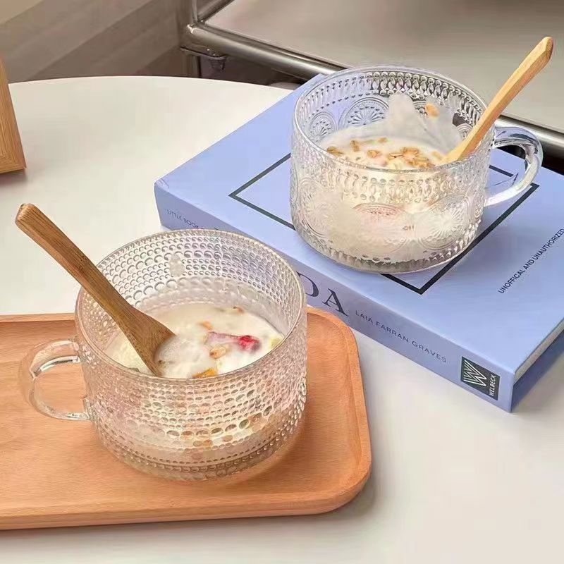 Sunflower relief oatmeal breakfast bowl, high appearance level, ins style, retro with spoon, glass cup, large capacity milk water cup Application Scenario