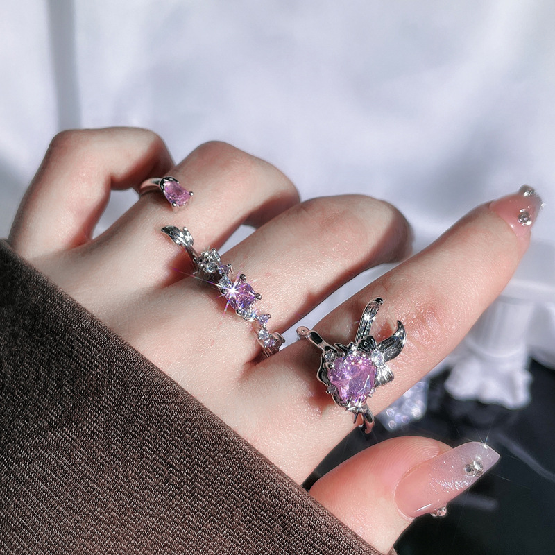 French light luxury sweet and cool pink diamond zircon ring, elegant and delicate layering, girlish personality open ring, autumn and winter accessory Specification drawing