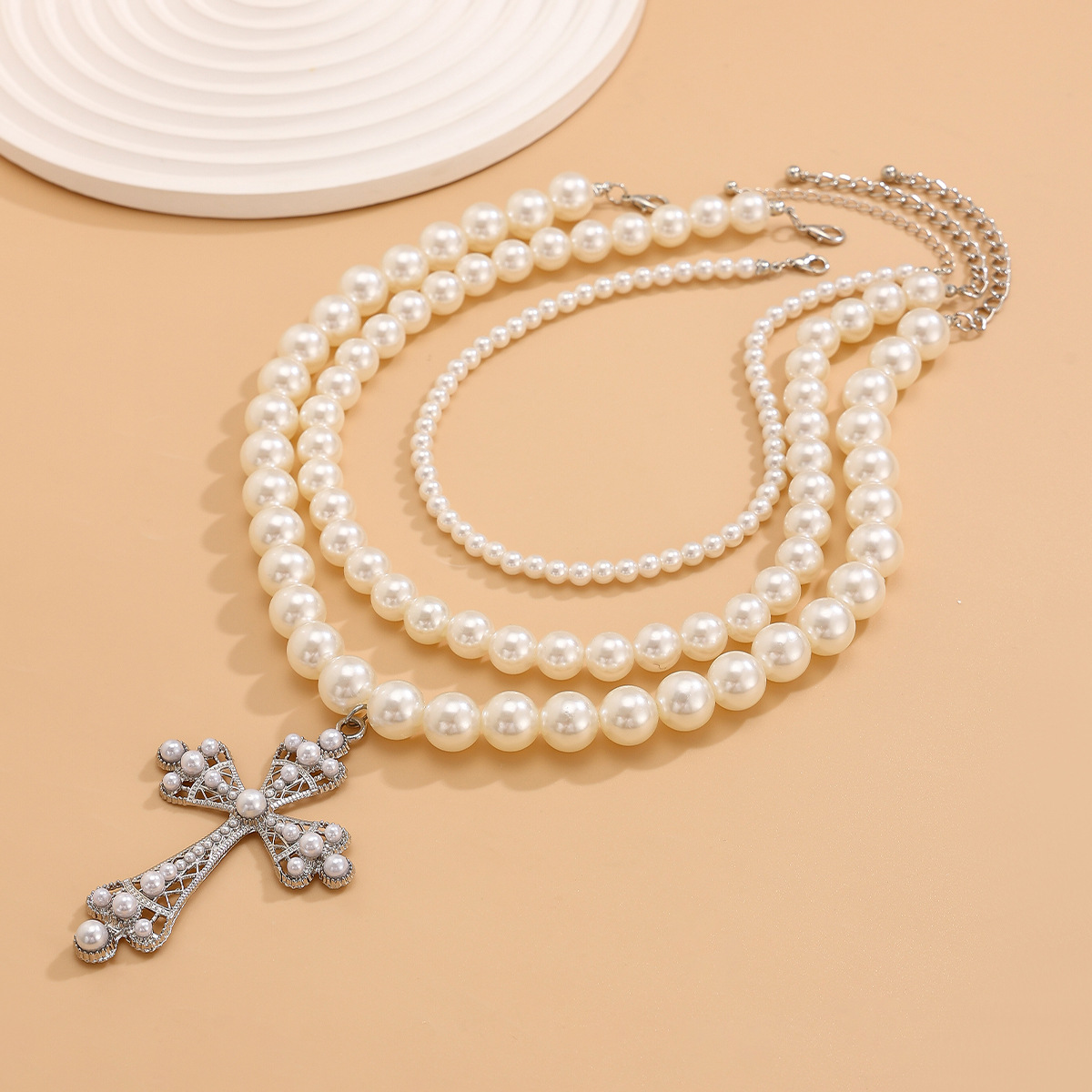 European and American cross-border jewelry punk pearl multi-layer necklace set, personalized hollowed-out cross stacked collarbone chain Application Scenario