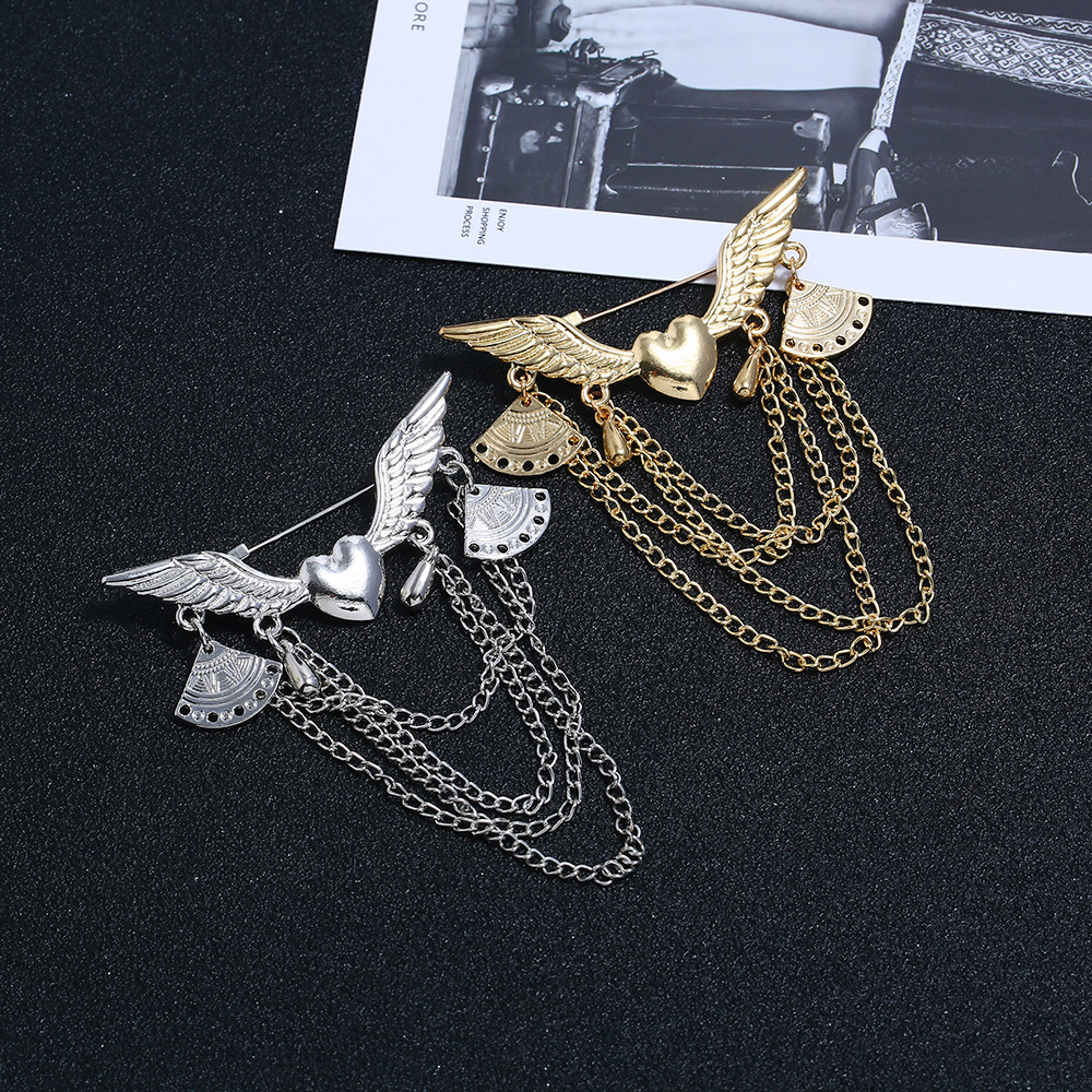 Cross-border European and American retro college style brooch, navy style crown heart wing tassel pin accessory for both men and women Specification drawing