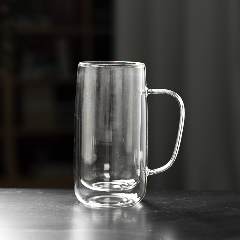Wholesale high borosilicate glass cups, heat-resistant milk cups, household glass water cups with handles, double-layer glass coffee cups full figure