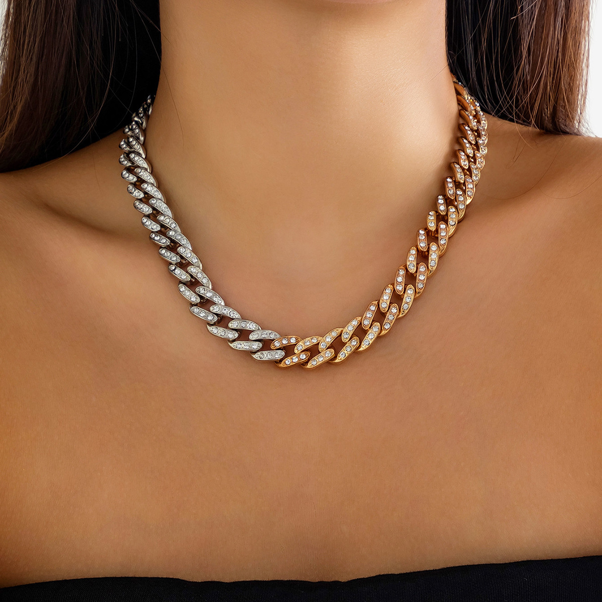 European and American cross-border accessories Hip-hop full diamond Cuban chain punk necklace thick chain neck chain niche necklace full figure