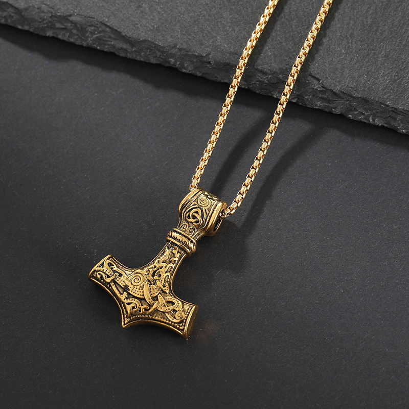 Wholesale of 2024 Amazon Nordic Retro Viking Mythology Thor Warhammer pendant fashion Men's Gothic style necklace Specification drawing