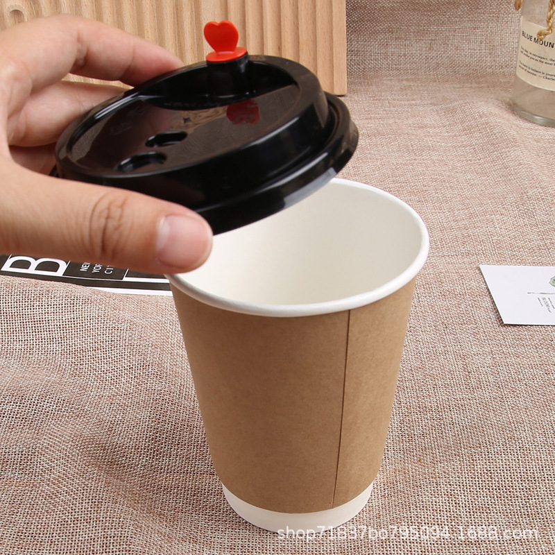 Hollow cup, double-layer kraft paper cup, disposable coffee cup, milk tea cup, thickened with lid, packed, heat-resistant and heat-insulating paper cup Specification drawing