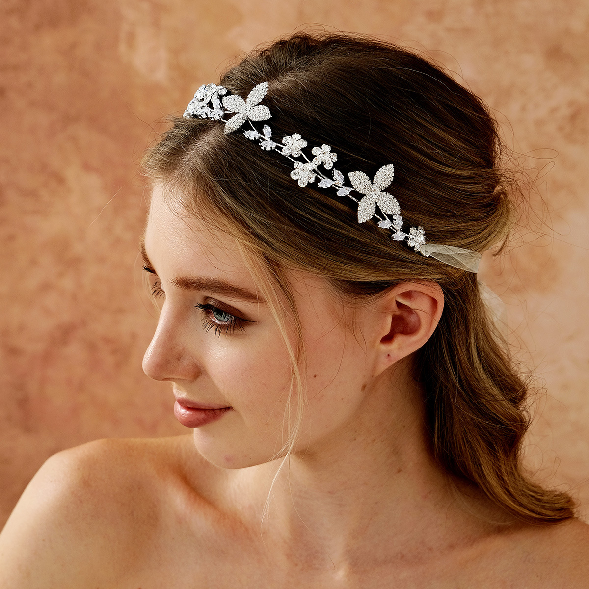 High-end foreign trade bride hair accessories, water diamond claw chain hair band, women's wedding party accessories, zircon leaf and flower hair band full figure