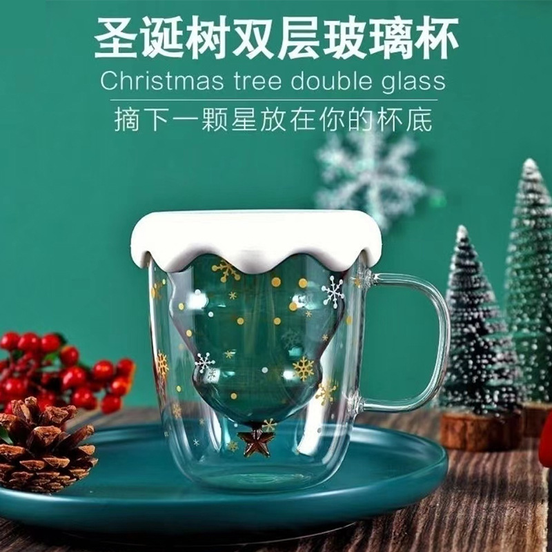 Glass cups, Christmas cups, cute cups, creative New Year gift cups, mugs, double-layered household drinking cups with LIDS full figure