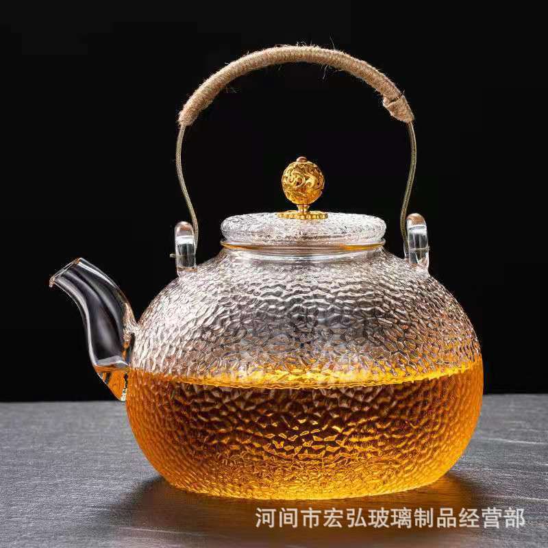 Japanese-style hammer-patterned high-temperature resistant glass teapot, transparent tea set with filter, high borosilicate glass for boiling water and tea details Picture