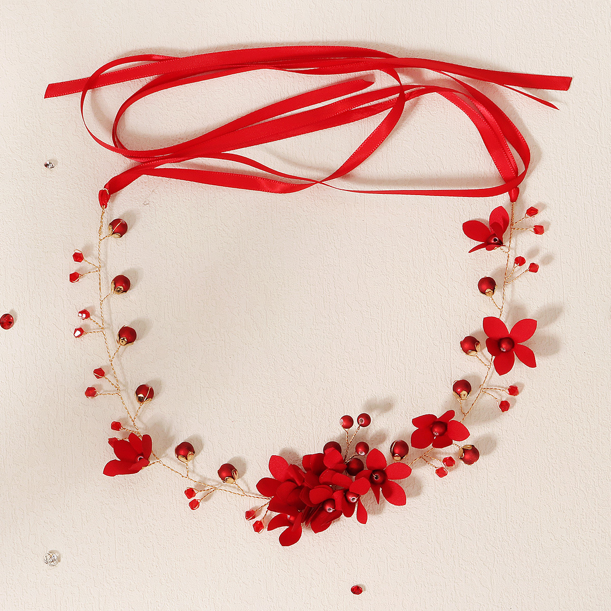 Chinese-style beaded headband, handcrafted updo and braid, red flower headpiece, toasting dress, crop dress, bride's headband full figure