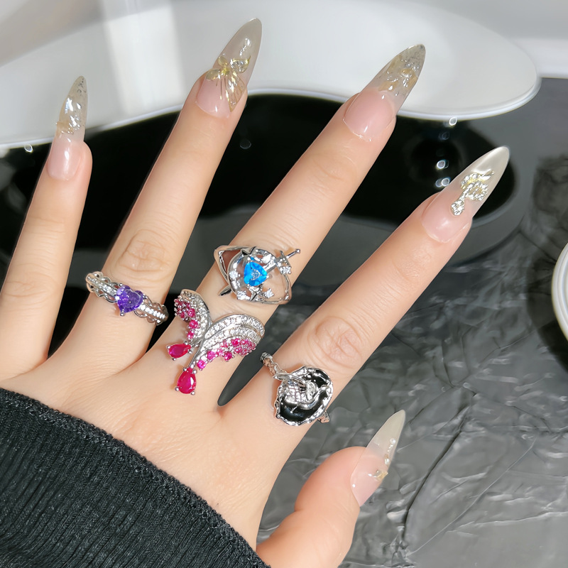 Exquisite white purple diamond heart-shaped water drop zircon ring for women's stone, light luxury and high-end, a niche index finger ring details Picture