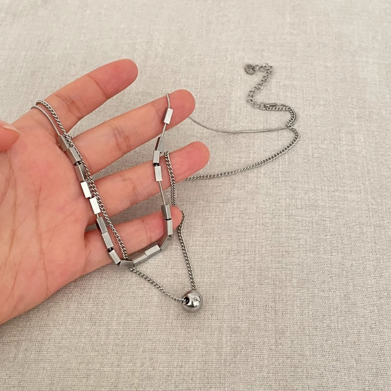 Double-layer titanium steel round bead square necklace, women's non-fading sweatshirt chain, ins simple and versatile accessories 2023 details Picture