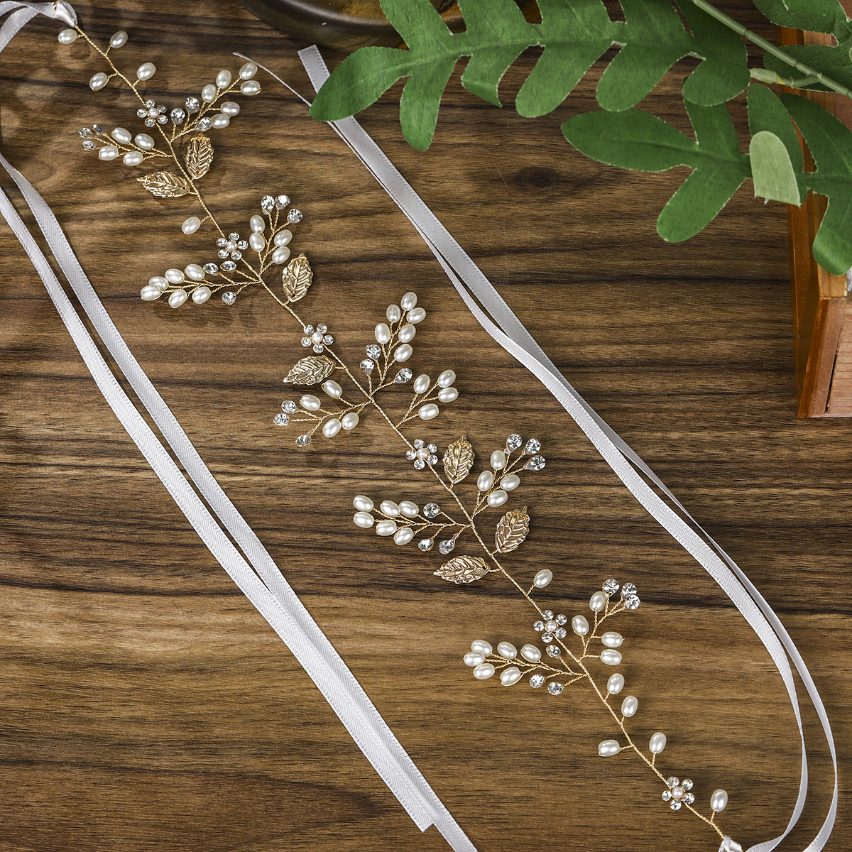 Cross-border new Leaf Bride hair tie, handcrafted rhinestone pearl bun hair accessory, European and American brand headwear and hair band full figure