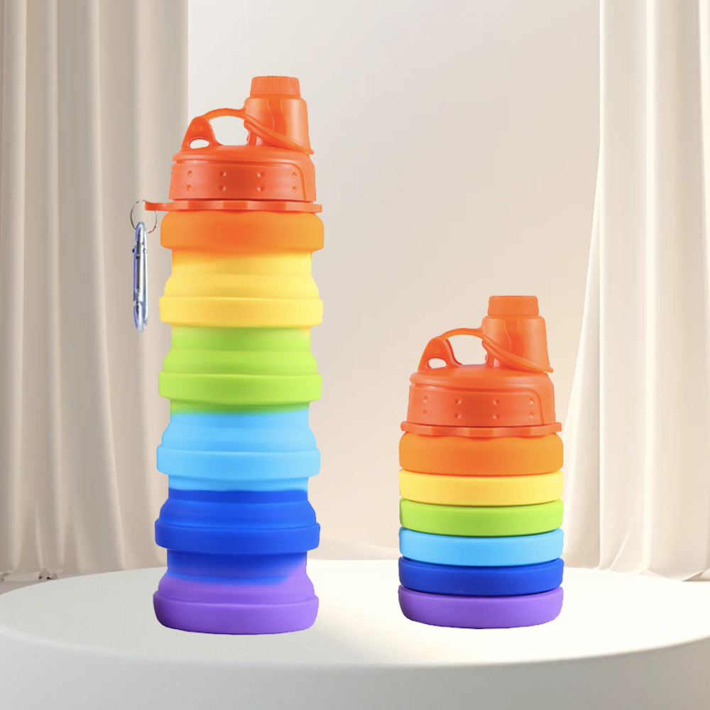 Cross-border exclusive silicone rainbow water cup, outdoor travel sports water bottle, retractable water bottle full figure