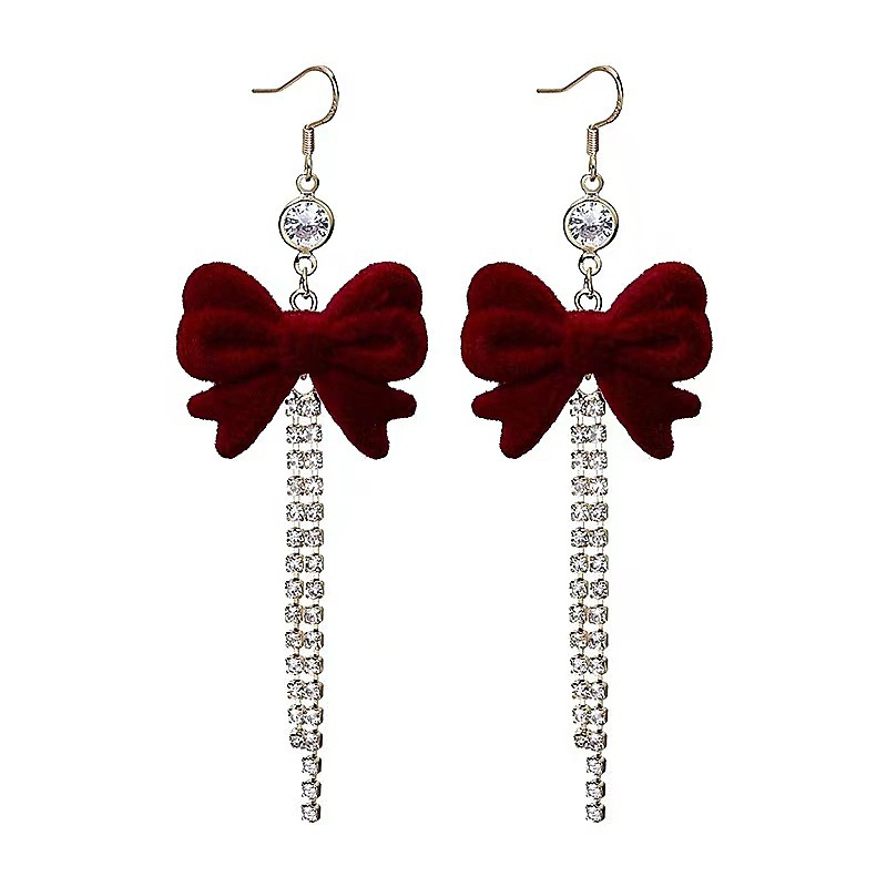 The 2025 new red flocked bow earrings exude a light luxury style. They are rare and eye-catching stud earrings for women in autumn and winter Item Picture