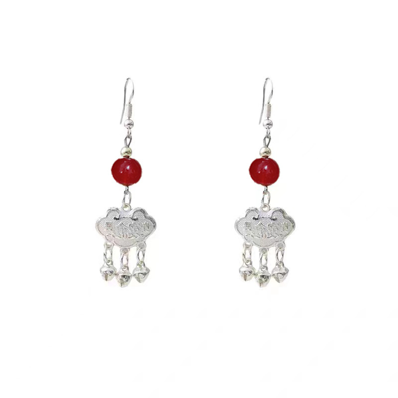New Chinese-style peace lock, bell pendant, ear hook, feminine charm, versatile, retro and high-end ethnic style ear stud Item Picture