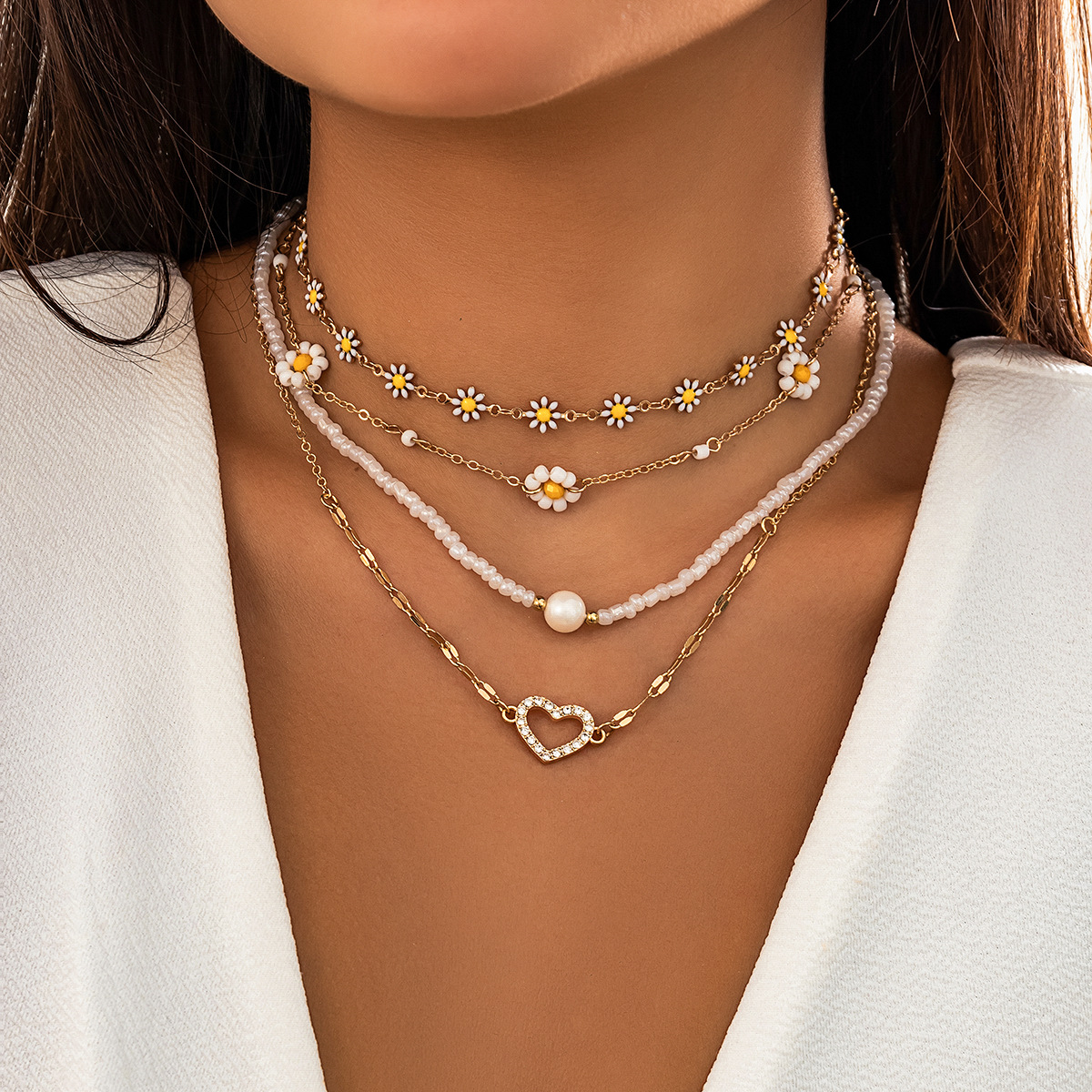 European and American cross-border jewelry sweet and spicy imitation pearl Daisy set necklace, women's niche heart-shaped full diamond collarbone necklace Specification drawing