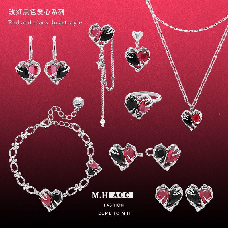 Original rose red and black glass heart-shaped earrings, light luxury and high-end style, ins long earrings, fashionable and individual earrings for women full figure