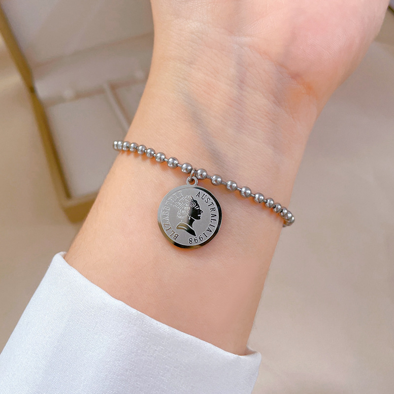 【 All-titanium Steel 】 Round plate head round beads, elegant and lucky minimalist chain bracelet, female Internet celebrity, retro best friend Application Scenario
