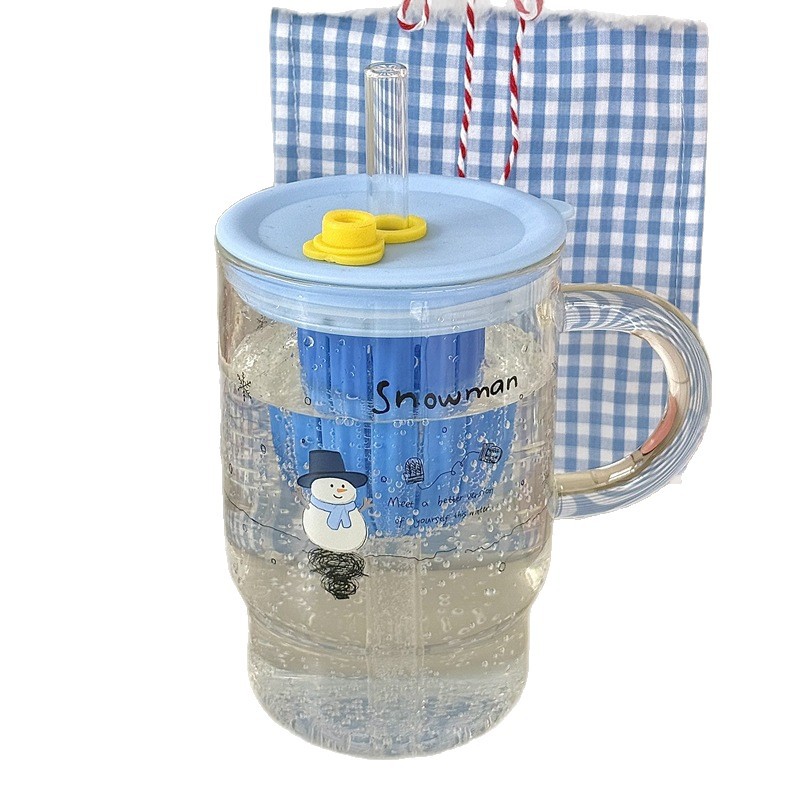 Korean InS-style large-capacity glass straw cup, girlish water cup, student drinking cup, glass snowman Item Picture