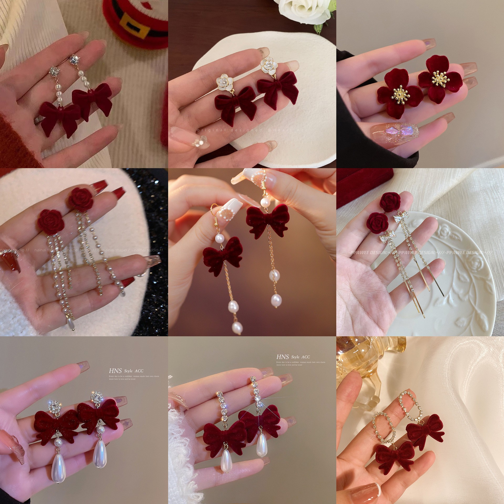 New Year red velvet long earrings for women, a bestseller in 2025, versatile and elegant stud earrings, as an accessory for engagement, wedding and New Year greetings full figure