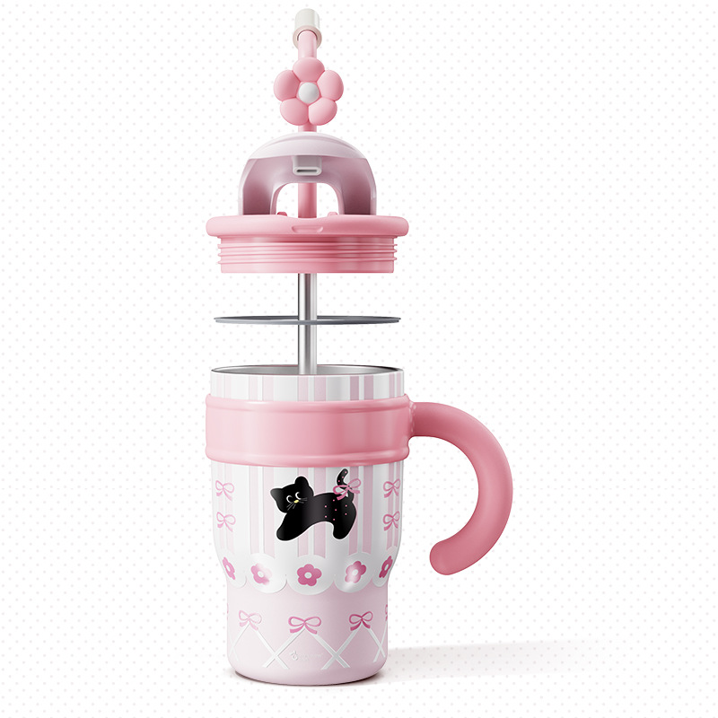 Wholesale of new cartoon large-capacity ice cup, straw coffee cup, stainless steel insulated cup and high-appeartion-level handle cup Item Picture