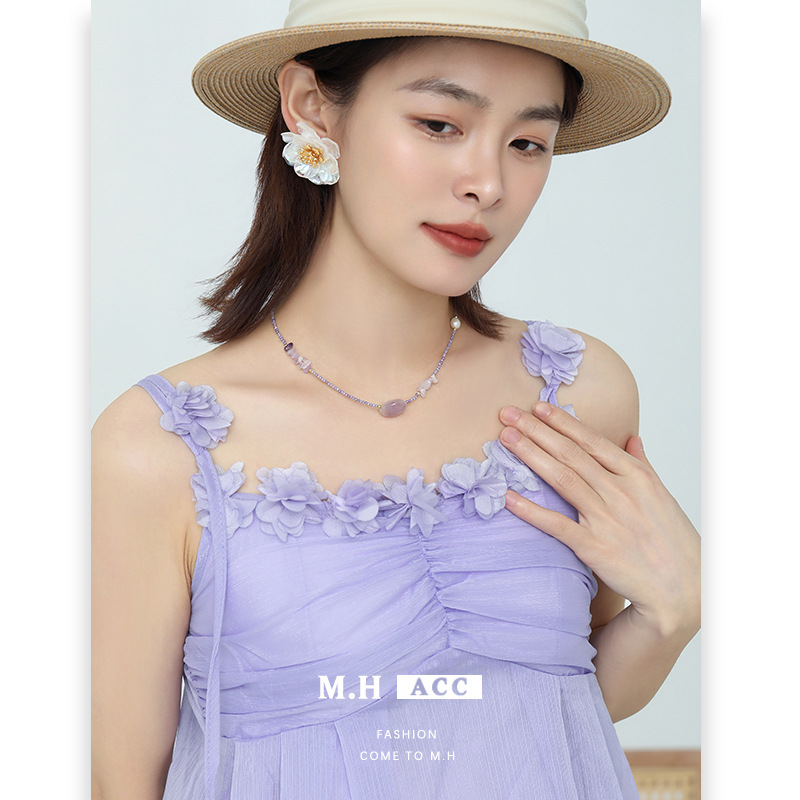Amethyst zircon beaded necklace for women, a new fashion, niche and versatile collarbone necklace with a vacation and travel style in 2025 Specification drawing