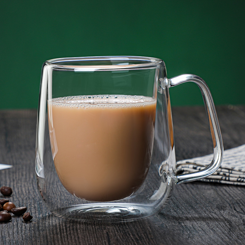 Double-layer heat-insulating glass cup, coffee milk beverage glass cup, household high-temperature resistant transparent glass water cup with handle full figure