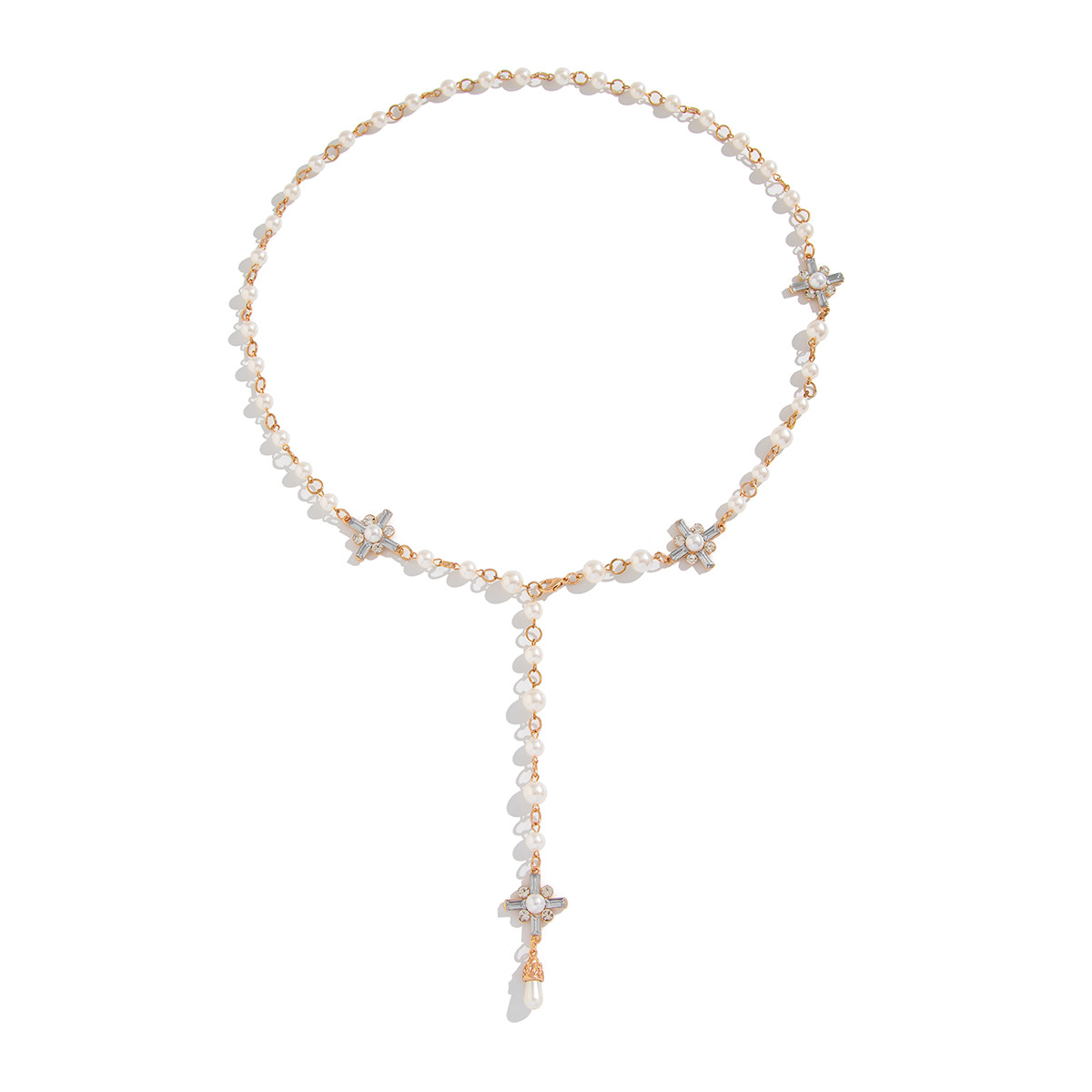 European and American cross-border jewelry, cold style cross pearl necklace set, unique and versatile, tassel alloy collarbone chain Item Picture