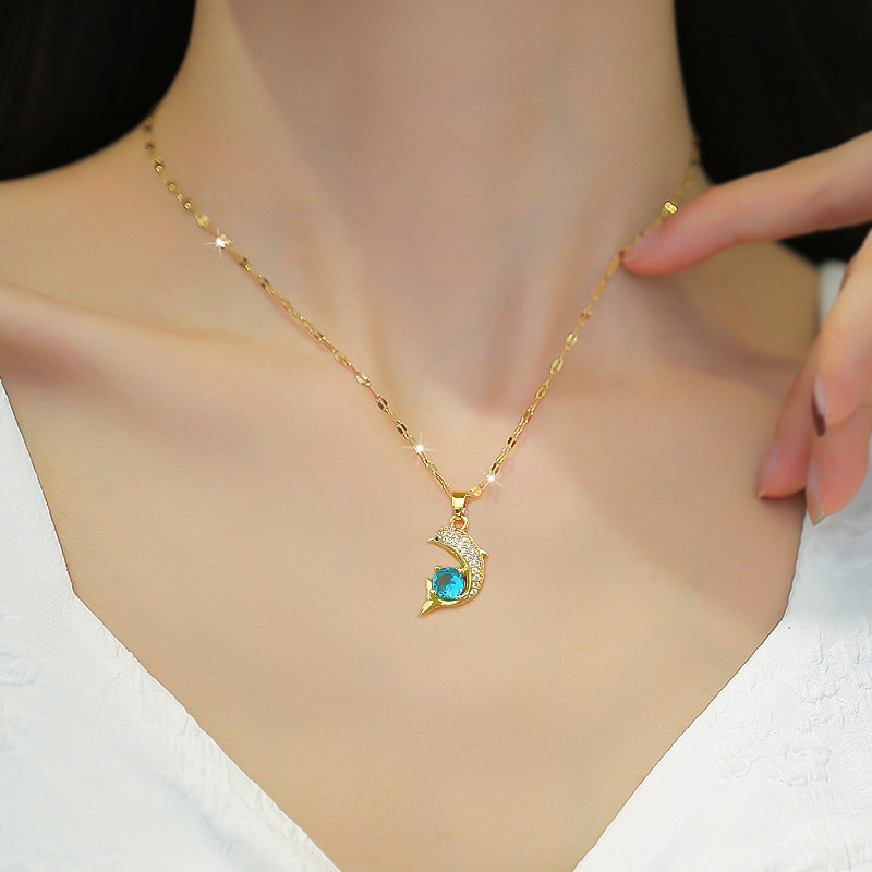 【 Titanium Steel 】 Simple and elegant zircon dolphin blue collarbone chain, small and trendy on Instagram, retro titanium steel necklace for women details Picture