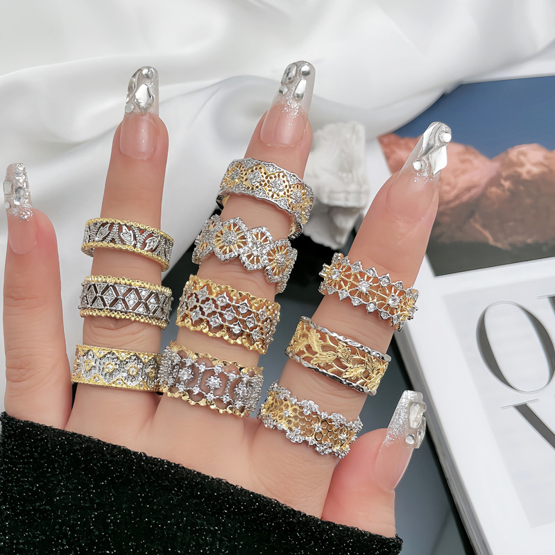 European and American retro Italian hollowed-out lace opening ring, a unique, irregular, elegant and high-end ring for women details Picture