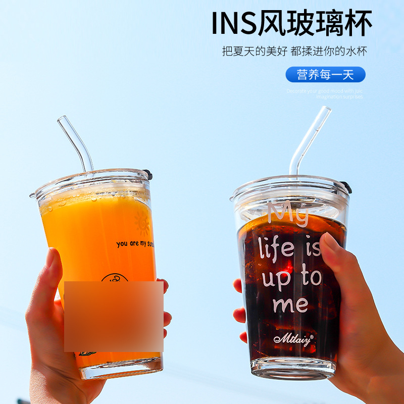 Internet-famous glass straw water cup, milk tea cup, hot water cartoon cola juice cup, Douyin graffiti glass cup Application Scenario