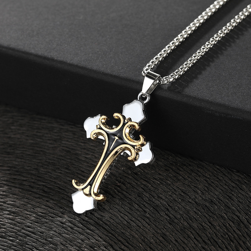 Wholesale of new European and American colorful multi-layer cross-shaped metal frame pendants, street style hip-hop alloy necklace pendants Specification drawing