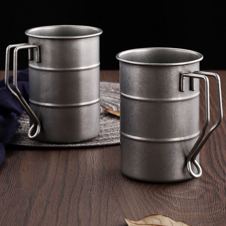 Retro industrial-style beer mugs, 304 stainless steel mugs, coffee cups, aged outdoor camping wooden barrels and cups Specification drawing