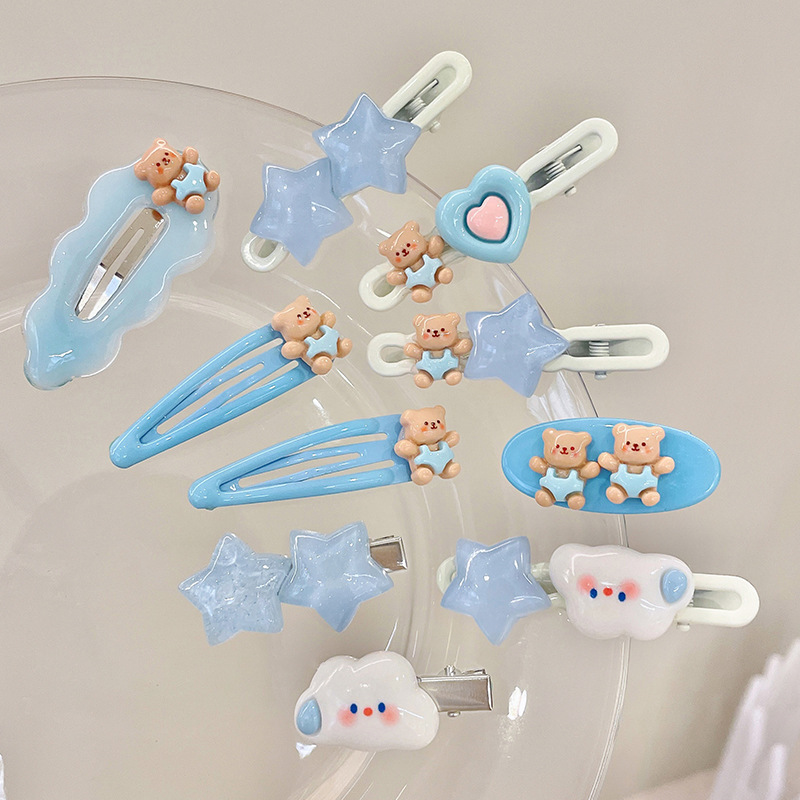 Cute and sweet little bear hair clips, blue stars, silent clouds, duckbill clips, children's hair clips, side clips, bangs clips, headwear Specification drawing