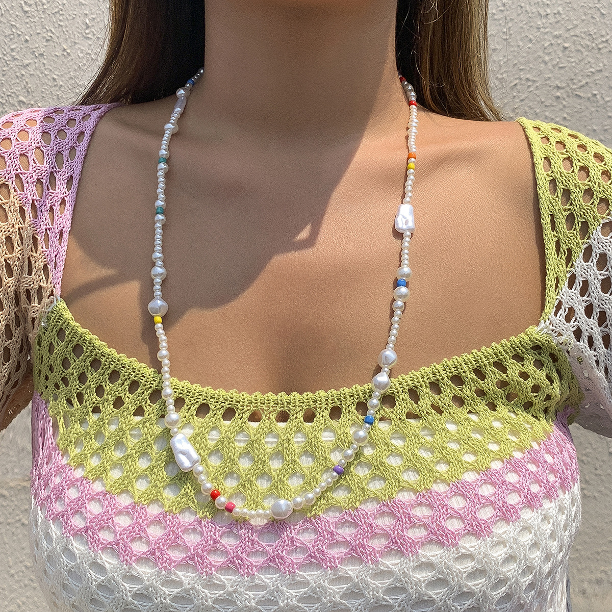 European and American cross-border jewelry long imitation pearl spliced mixed color necklace, retro rice bead asymmetrical sweater chain necklace full figure