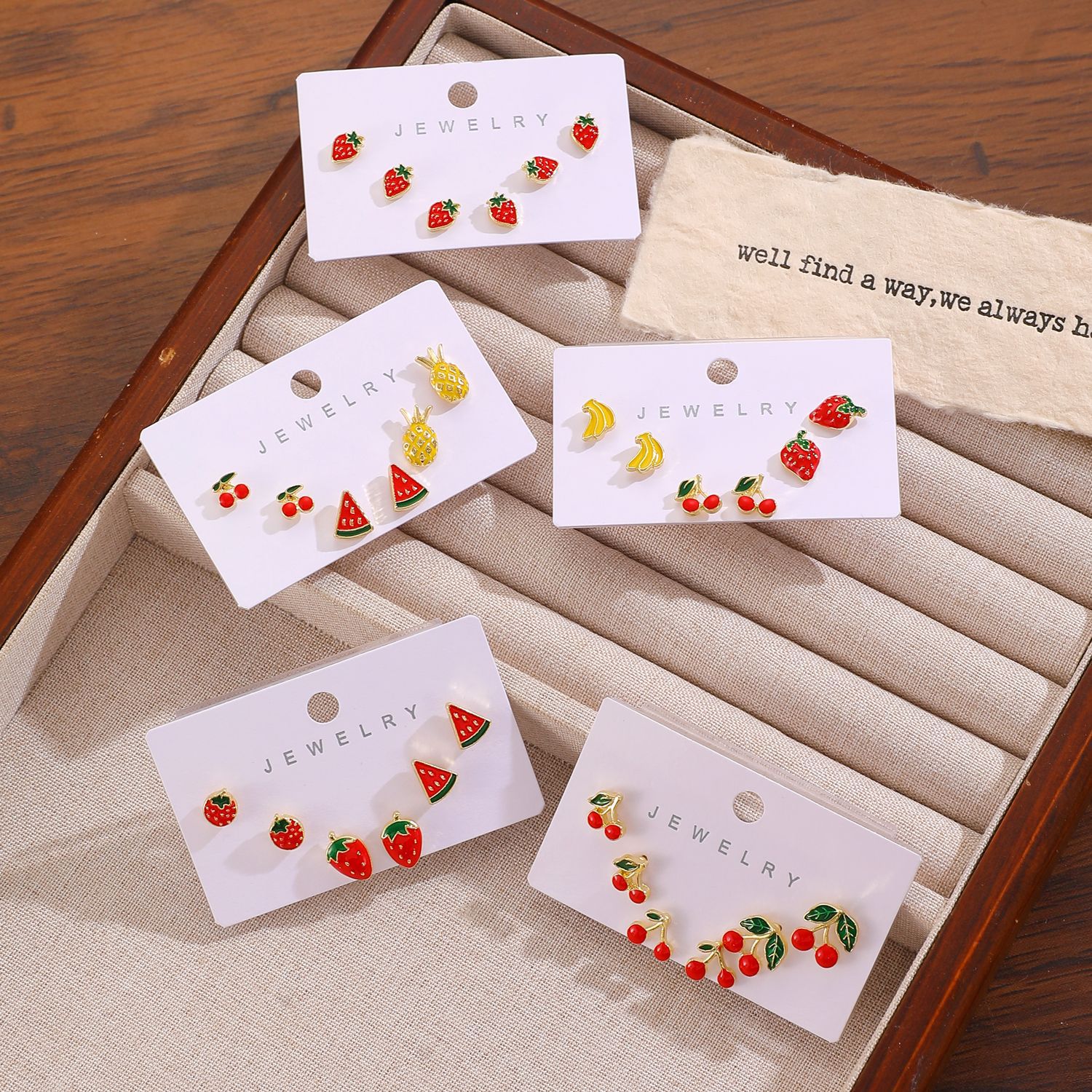 Cross-border cute and girlish summer exquisite fruit stud earrings set, watermelon, mango, strawberry and cherry card earrings for women Application Scenario
