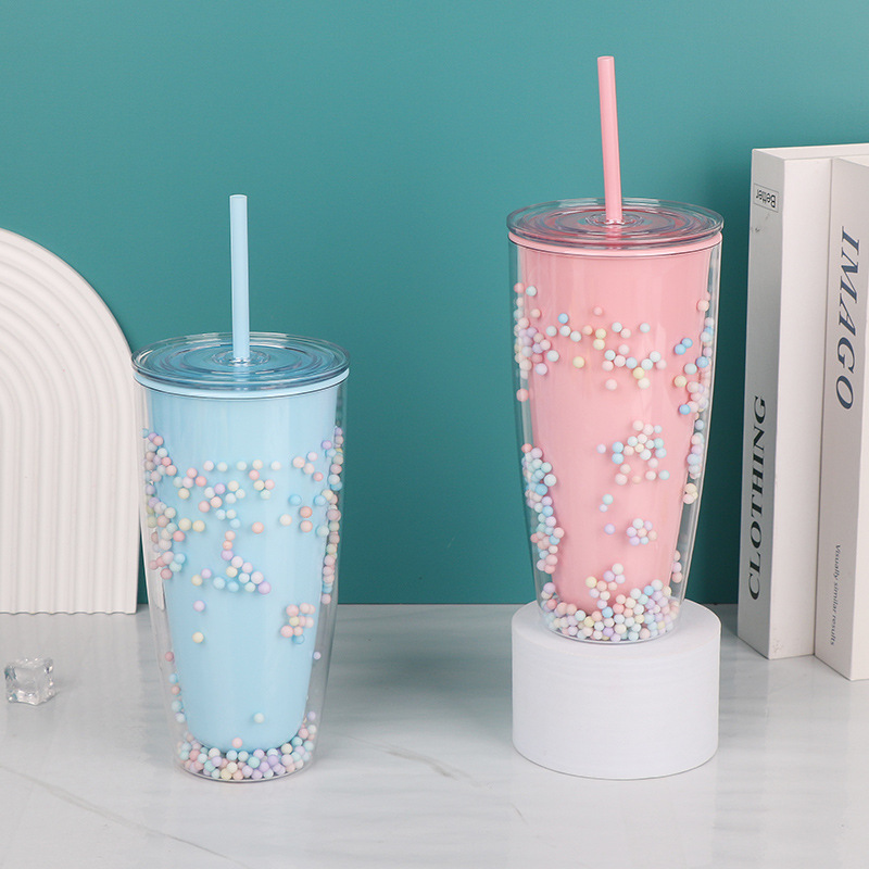 【 Customized Processing 】 Wholesale of straw water cups, popular foam double-layer crushed ice cups, fashionable plastic cups, and couple suction cups details Picture
