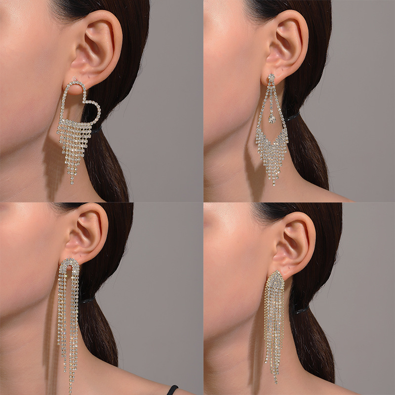 New cross-border long diamond-encrusted tassel earrings for women, super exaggerated full-diamond butterfly-shaped heart-shaped stud earrings, super dazzling European and American earrings full figure
